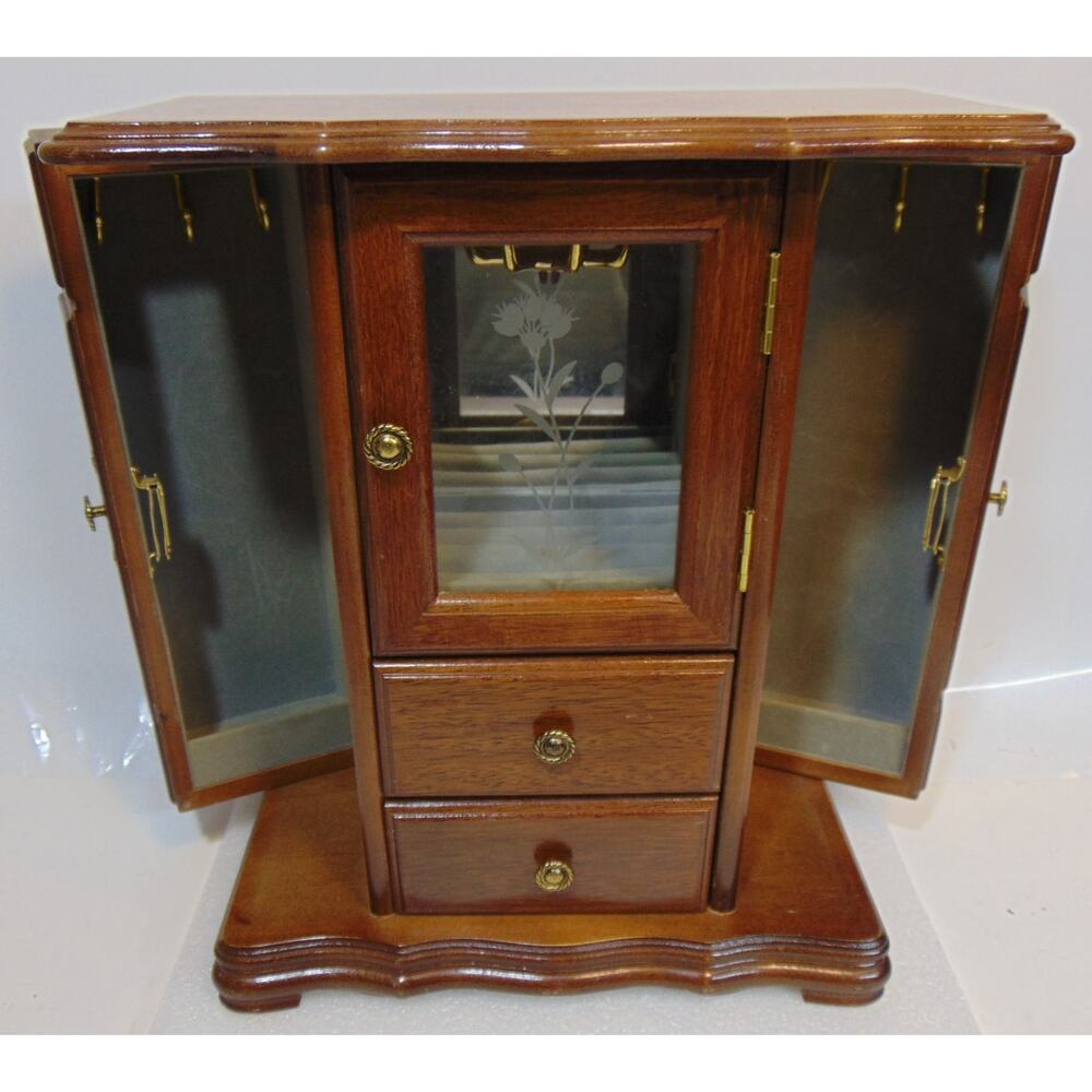Jewelry Box Vintage Swing Door 2 Drawer Etched Glass Center Solid Wood Mirror